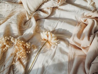 A cozy flat lay background on a soft white bedsheet 