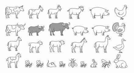  Farm Animals, Livestock, and Common Insects Line Icon Set