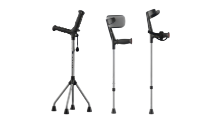 Isolated Product Shot of Modern Adjustable Silver Quad Cane and Forearm Crutches Mobility Aids