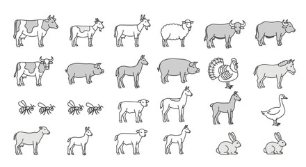  Farm Animals, Livestock, and Common Insects Line Icon Set