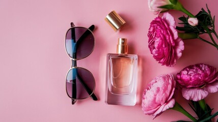 pink rose and pink glasses and perfume