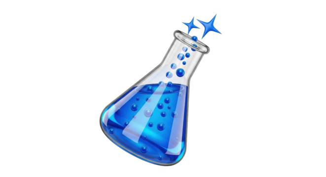 Blue potion in conical flask with bubbles isolated PNG with Transparent Background