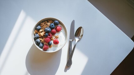 Healthy breakfast flat lay with yogurt, fruits, granola on white table, bright light