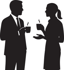 Business man and woman having coffee break and casual conversation, office silhouette illustration