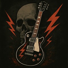Skull and Electric Guitar Punk Rock Art with Lightning Bolts.