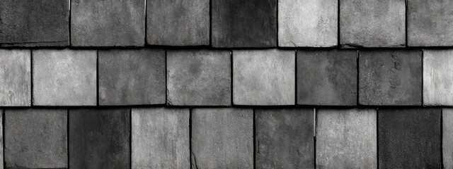 Monochromatic close-up of a weathered, rectangular slate tile roof texture; overlapping tiles show varied shades of gray