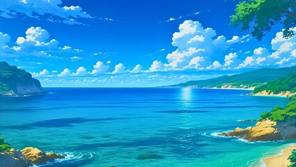 Ocean view in anime style with crystal-clear water, bright skies, and a peaceful coastline.