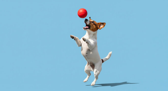 Energetic Jack Russell Terrier dog leaping gracefully in the air to catch a bright red ball, captured in a dynamic and playful moment against a vibrant blue background.