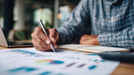 Freelancer looking at investment reports while planning monthly