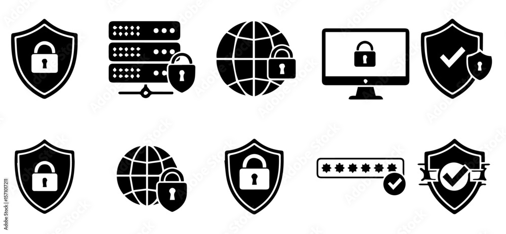 Poster network security icons demonstrate protection and assurance for computer and internet systems in a v