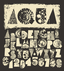 Simple, thick font consisting of geometric shapes on a marine theme and polyentology theme with the texture of shells. Letters of the Latin alphabet. Logo, label, cover, box of chocolates. No ai © paseven