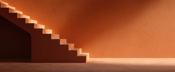 Monochromatic orange room with stairs leading into shadow, sunlight illuminating the wall