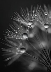 Monochrome close-up of a dandelion seed head, adorned with glistening water droplets on delicate, radiating pappi