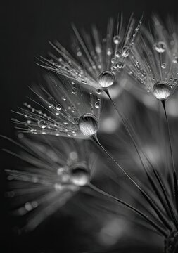 Monochrome close-up of a dandelion seed head, adorned with glistening water droplets on delicate, radiating pappi