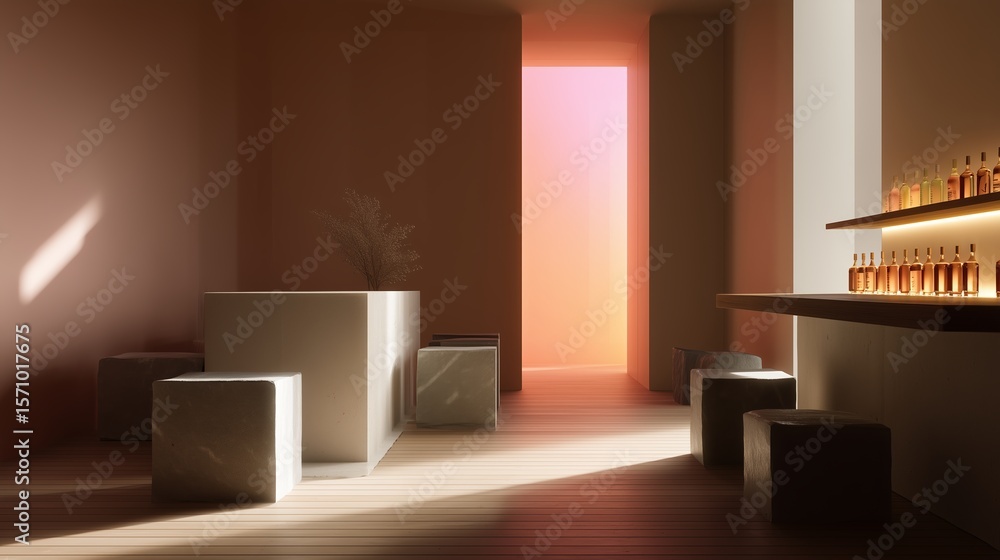 Poster modern lounge space with a minimalist design featuring soft lighting and wooden elements in a tranqu