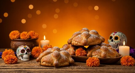 Bread of the Dead with marigold flowers and decorated skulls for Day of the Dead  