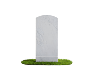 A pristine white marble gravestone stands upright on a vibrant patch of green grass, symbolizing remembrance.