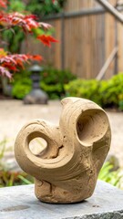 Abstract Brown Clay Sculpture in a Japanese Garden