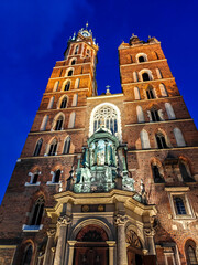 Low angle view of St. Mary's Basilica in Krakow, Night time