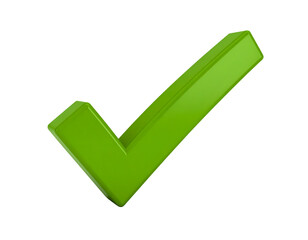 A glossy three-dimensional green checkmark symbol represents approval, success, and completion.
