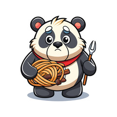 Cute Panda Wrapped in Spaghetti Noodles Holding Fork Confused Vector Illustration for Food and Animal Design