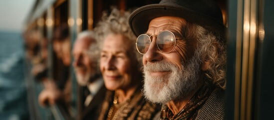 Senior travelers looking out from a train enjoying the beautiful scenery.