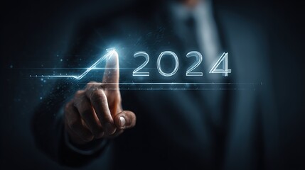 Naklejka premium Businessman touching virtual interface with 2024 projection