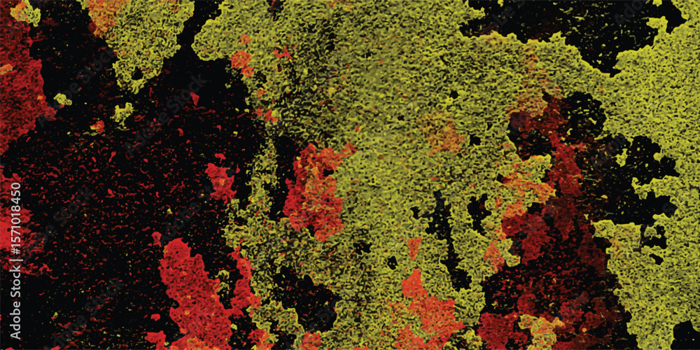 Poster abstract artistic mosaic featuring layered colorful patches with hues of red yellow and green over a