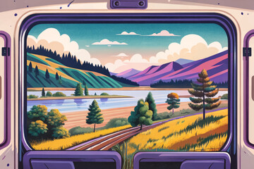 cartoon landscape as seen through a vintage train window, featuring rolling hills, trees, and sky, capturing nostalgic travel and countryside scenery