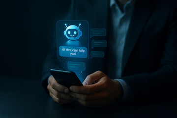 AI bot, chatbot interface, ChatGPT style, virtual assistant, blue robot avatar, friendly AI, smartphone screen, conversational AI, smart assistant, mobile chatbot, digital helper, AI interaction, chat