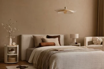 Fototapete Stylish interior design of bedroom with pillows, bedsheets and personal accessories. © FollowTheFlow