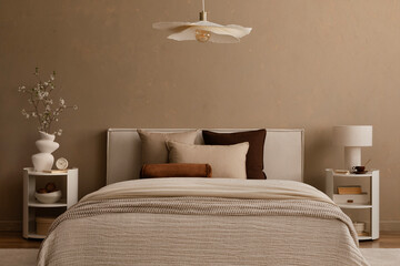 Minimalist bedroom with pendant light, white nightstands and neutral bedding.
