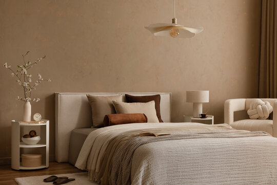 Stylish interior design of bedroom with pillows, bedsheets and personal accessories.