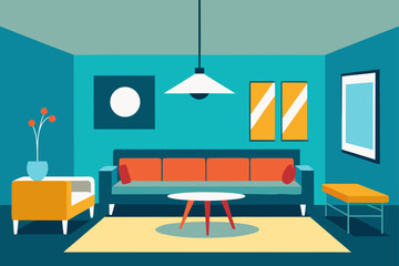 Modern living room interior with orange sofa and abstract wall art
