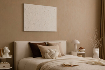 Side view of stylish bedroom with decorative branches and soft lighting. Mock up painitngs on the...