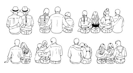 Eight loving couples and families sit together from behind in a monochromatic sketch style, silhouette