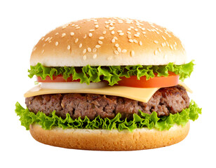 A freshly prepared hamburger showcasing a thick beef patty and vibrant salad components