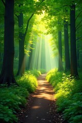 Fototapeta premium Magical Sun-Drenched Forest Path A Winding Journey Through Lush Green Foliage