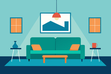 Modern living room interior with teal sofa orange accents and minimalist artwork
