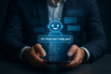 AI bot, chatbot interface, ChatGPT style, virtual assistant, blue robot avatar, friendly AI, smartphone screen, conversational AI, smart assistant, mobile chatbot, digital helper, AI interaction, chat