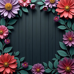 A Frame of Beautiful Paper Flowers on Dark Wood
