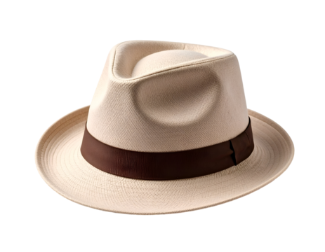 A classic light-colored woven hat featuring a dark brown band presents a timeless accessory.