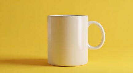 Off-white cylindrical mug with a C-shaped handle against a vibrant yellow backdrop, subtly shadowed