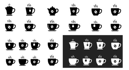 Captivating black and white icons of steaming tea and coffee cups evoke warmth and simple pleasures for beverage lovers, silhouette