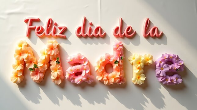 Mother's Day message displays "Feliz dia de la Madre" with colorful flowers and decorative lettering, a festive design ideal for springtime celebrations and maternal appreciation.