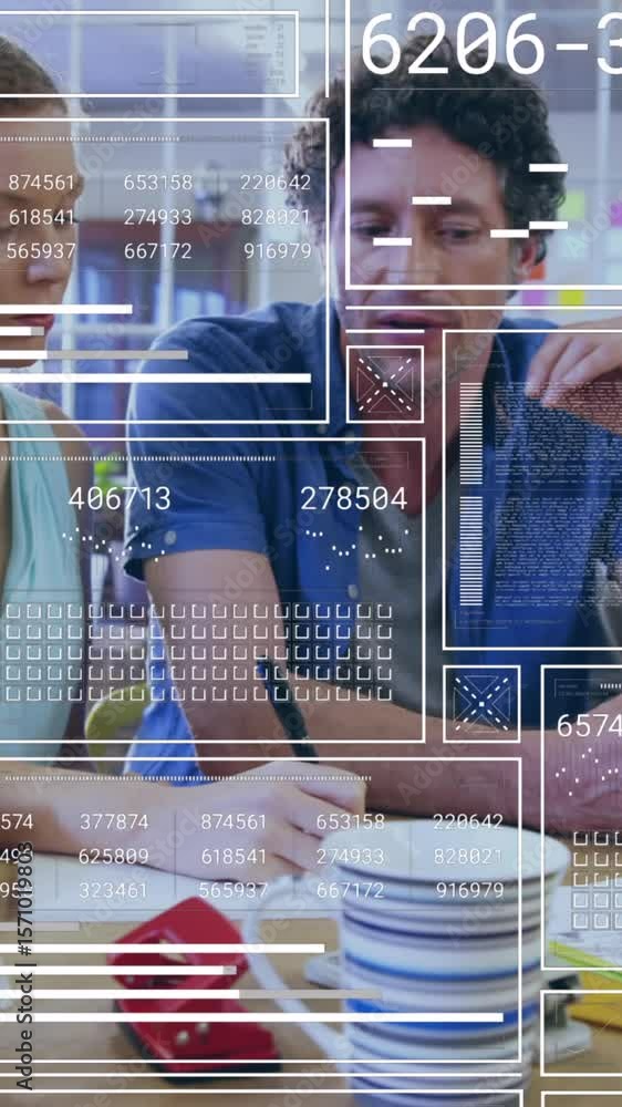Poster animation of interface with data processing over diverse colleagues discussing together at office