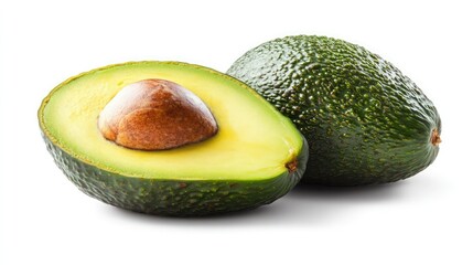 A close-up of a perfectly ripe avocado, sliced in half to reveal the creamy green interior and pit, symbolizing health, nourishment, and the vibrant flavor of fresh produce. --