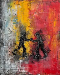Vibrant abstract painting featuring expressive human figures in a striking color palette of hues