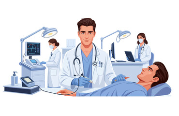 Illustration of a team of medical specialists treating a male patient on a hospital bed using digital monitoring. Medical team performing a clinical procedure with patient monitoring technology in a m