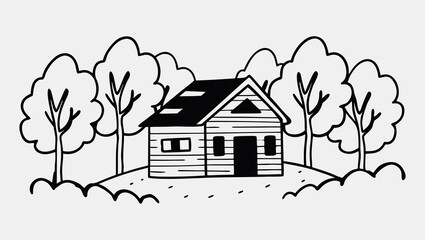 One Line Hand Drawn Green House with Garden Trees in Minimalist Style